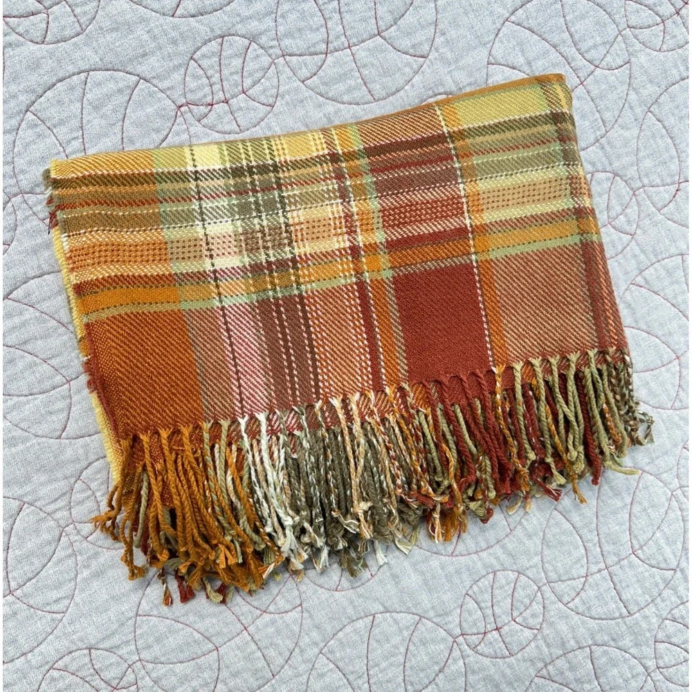 Pottery Barn Throw Blanket Orange Plaid Fringed 50